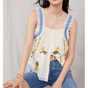 Anthropologie Seen Worn Kept Pineapple Floral Embroidered Frill Blouse in Cream